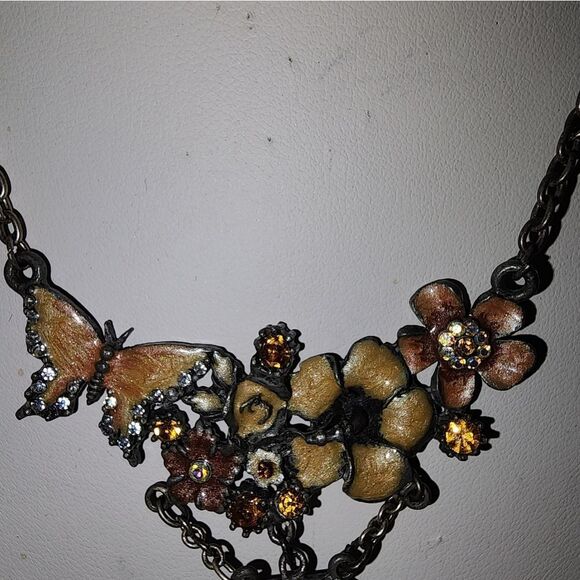 Floral Butterfly Necklace with Gold and Brown Accents 14"+2" - Picture 4 of 7
